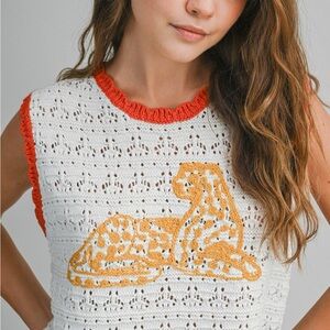 White Crochet Top with Orange Leopard Design